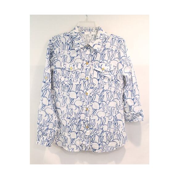 Jean-Pierre Klifa Top Womens White Blue Bunny Print Linen Blend Button Up Casual - Picture 1 of 9